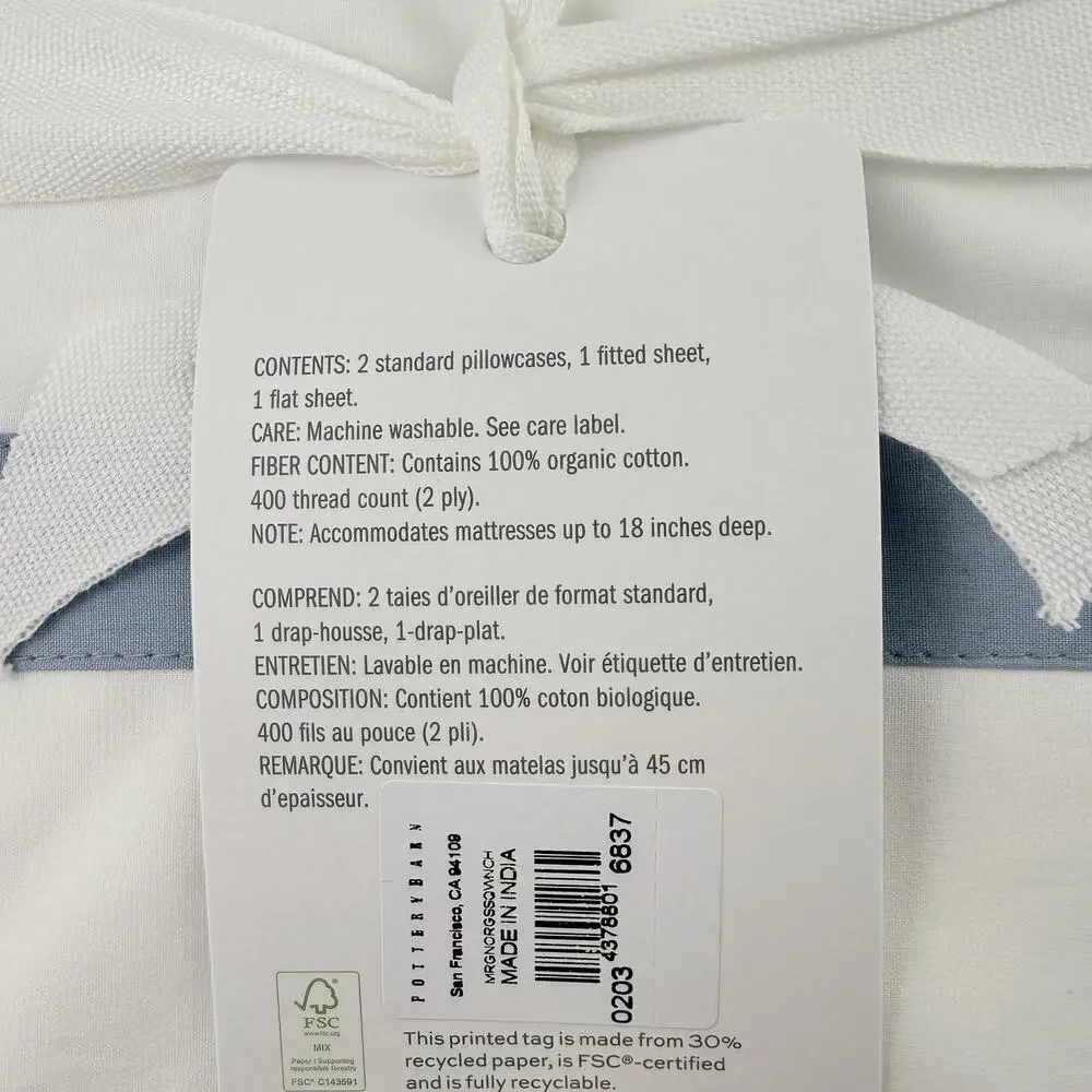 Pottery Barn Morgan Sheet Set QUEEN Organic Percale 400TC White Blue FLAW